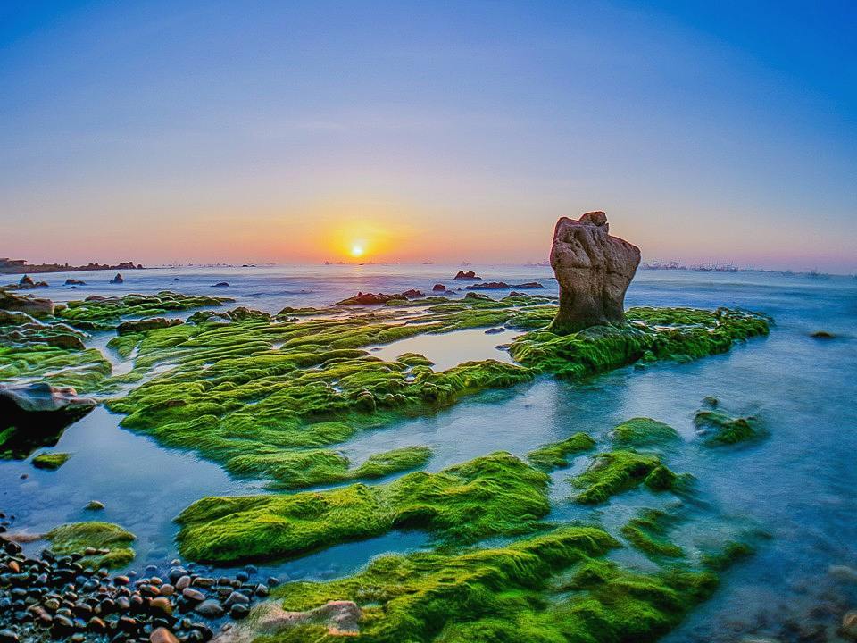 Nổi tiếng với bãi đá bảy màu và lớp rêu xanh trải dài, Bãi đá Cổ Thạch mang lại cảm giác siêu thực và khác biệt. Vào mùa xuân, nơi đây trở thành thiên đường cho giới nhiếp ảnh săn ảnh nghệ thuật. 📷 Gợi ý: Váy trắng dài – ảnh góc thấp – concept tối giản hoặc huyền bí